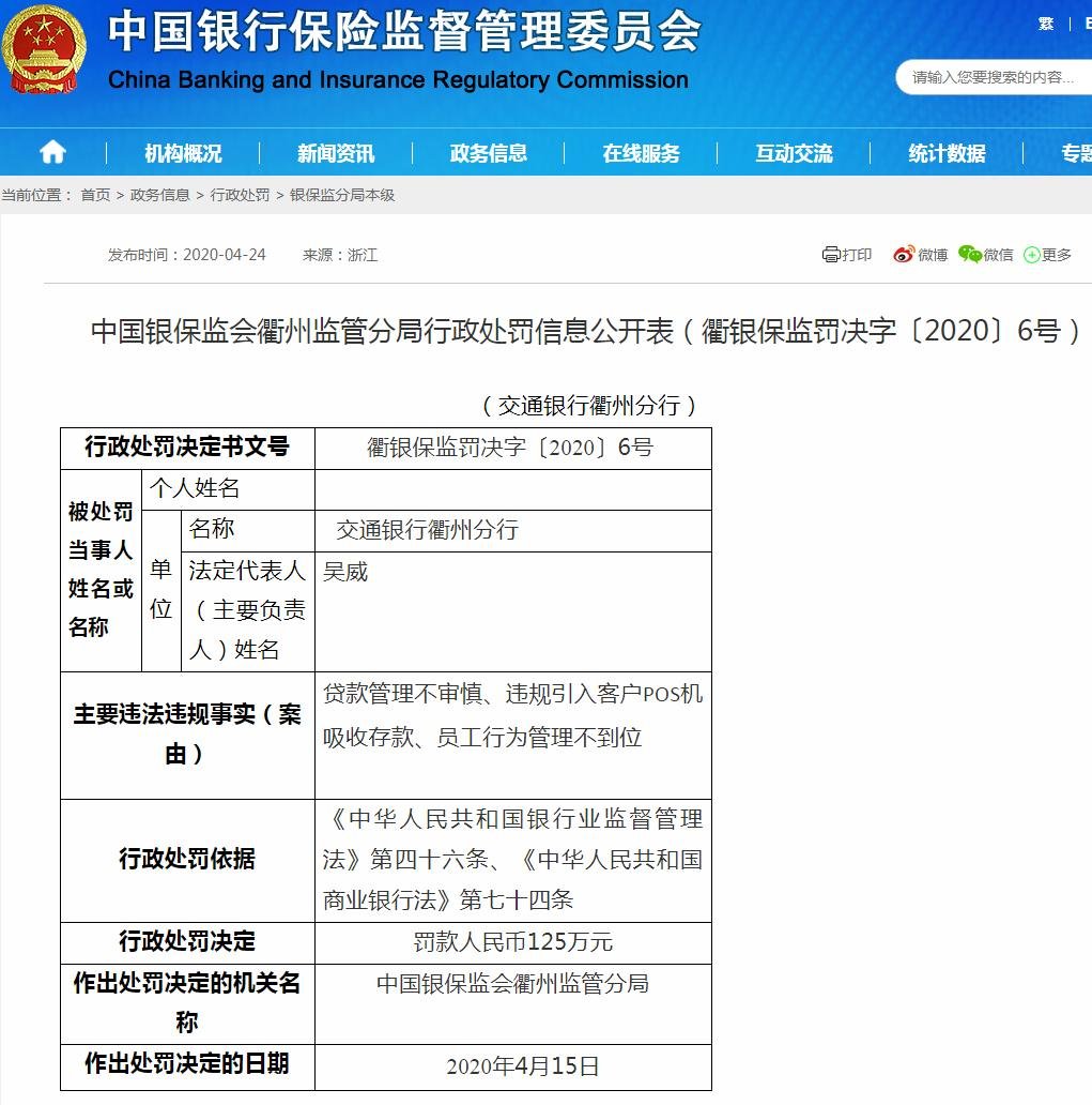 交通银行衢州分行违法遭罚125万 违规引入客户刷卡机吸收存款