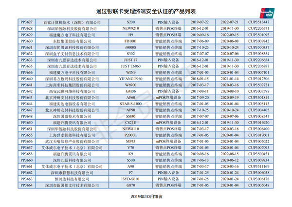  12月最新通过银联认证的POS终端设备